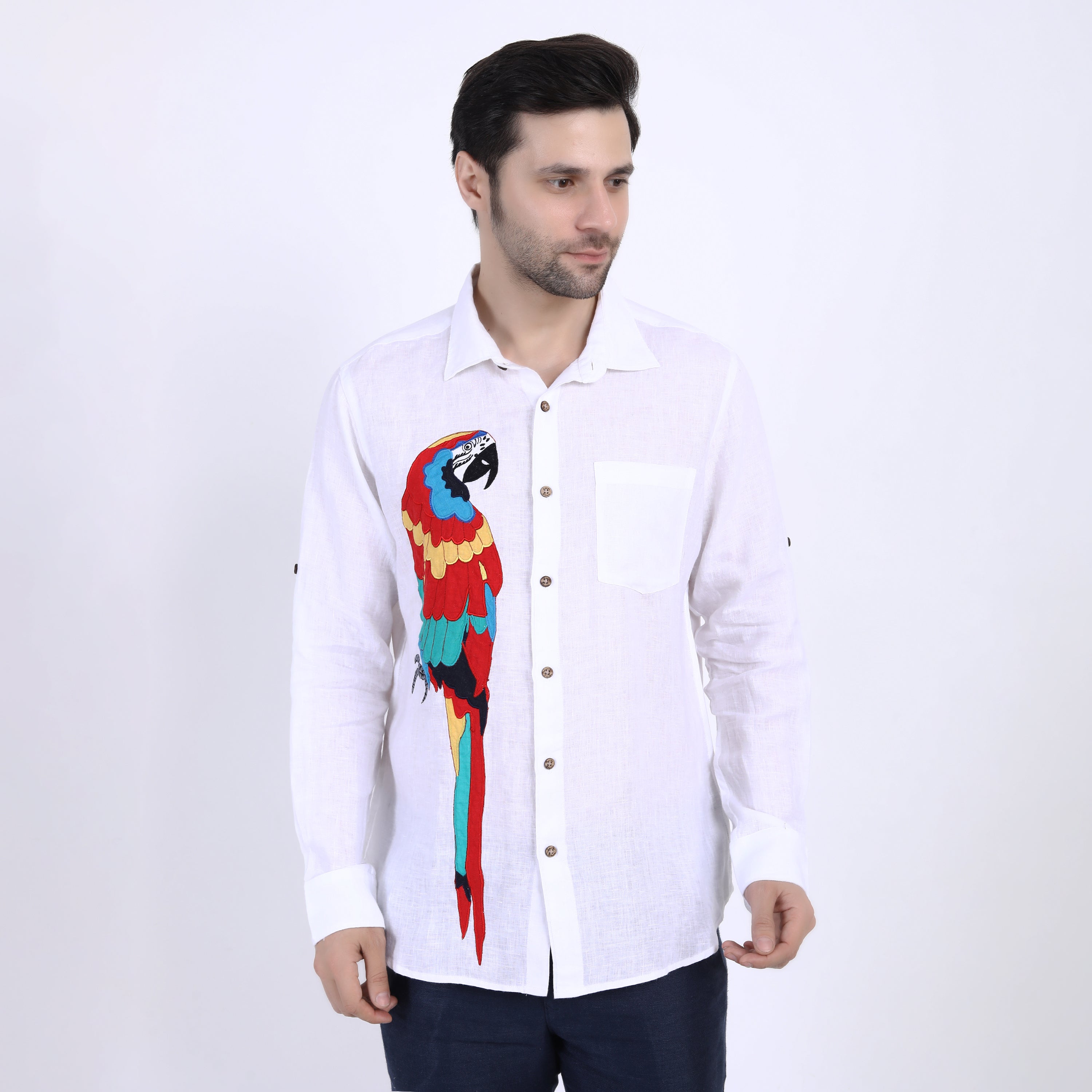 Red Macaw Embroidered Linen Shirt – Linen Bloom store