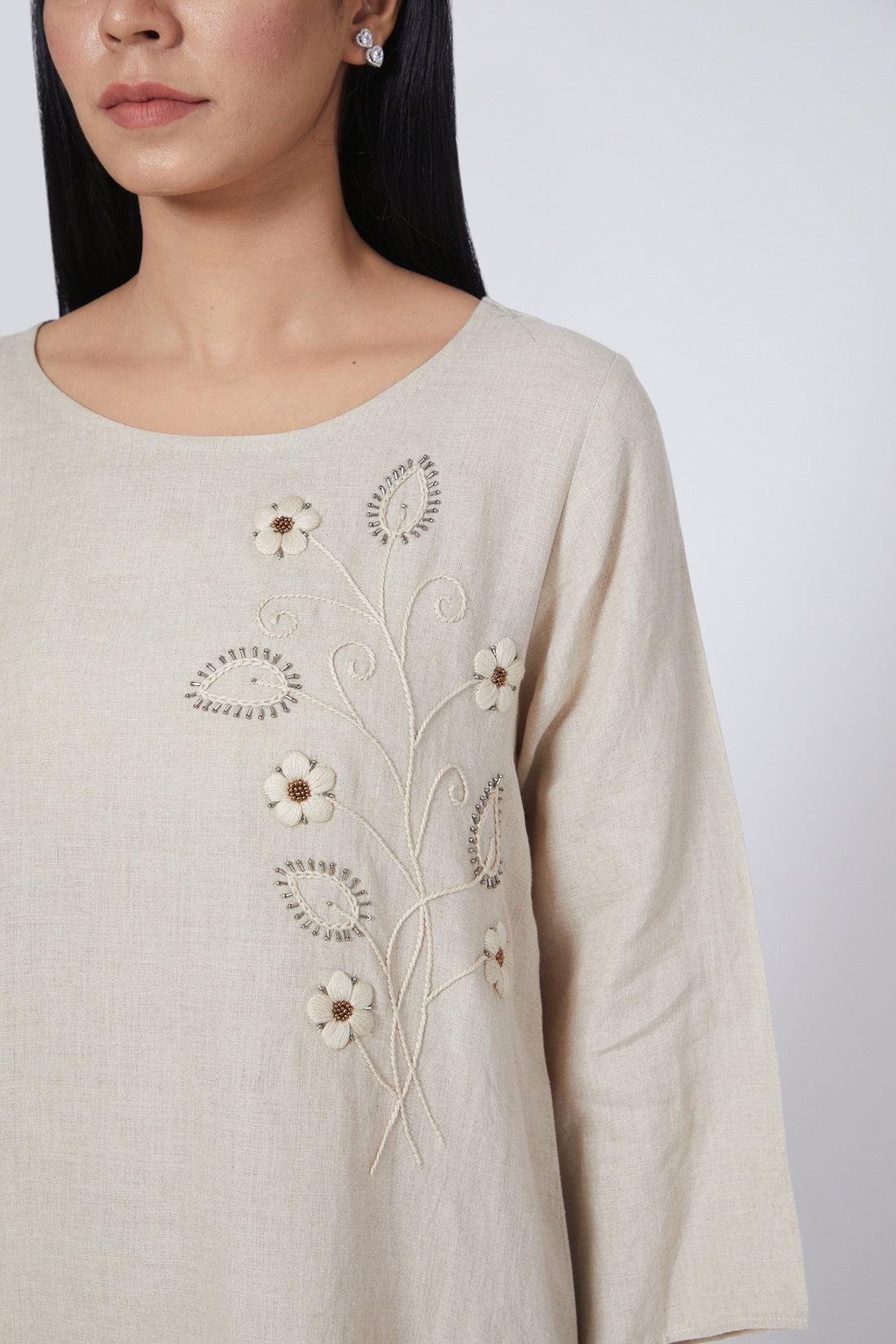 Beige Asymmetrical Embroidered Lounge Tunic