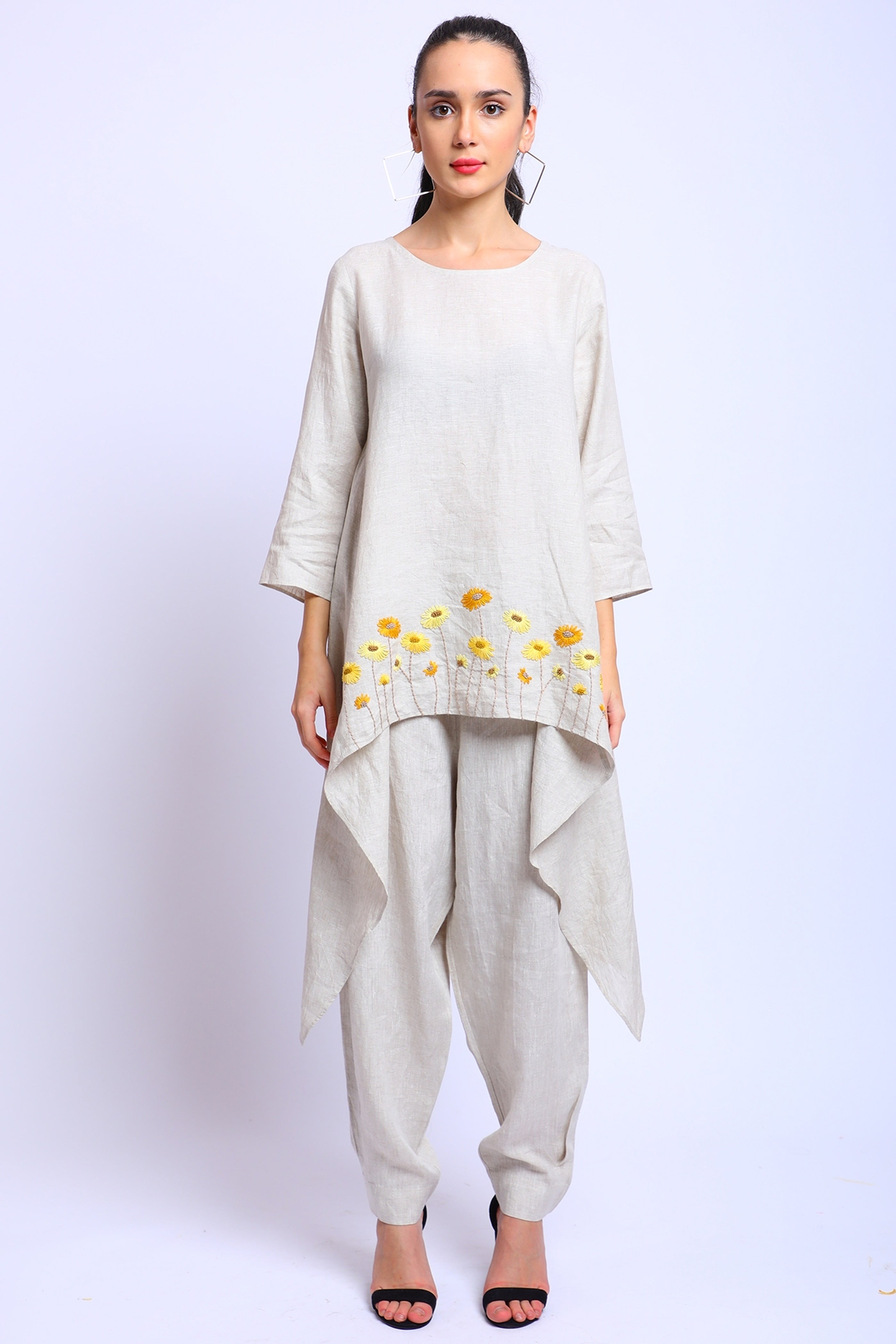 Beige Floral Embroidered Asymmetrical Tunic Made In 100% Linen With ...