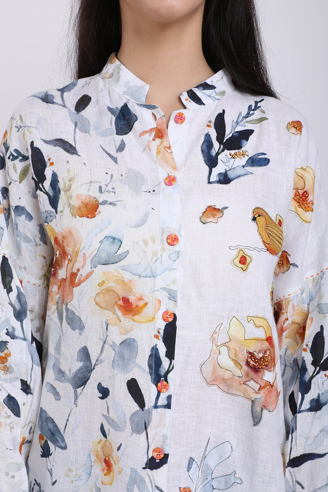 Ivory Printed & Hand Embroidered Shirt