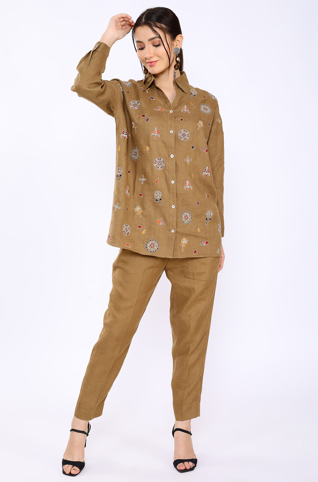 Tobacco Floral Embroidered Lounge Shirt