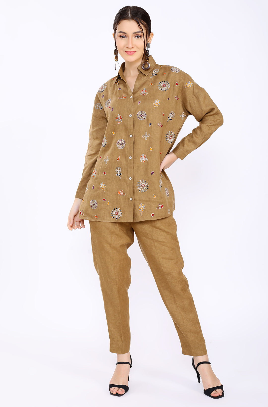 Tobacco Floral Embroidered Lounge Shirt