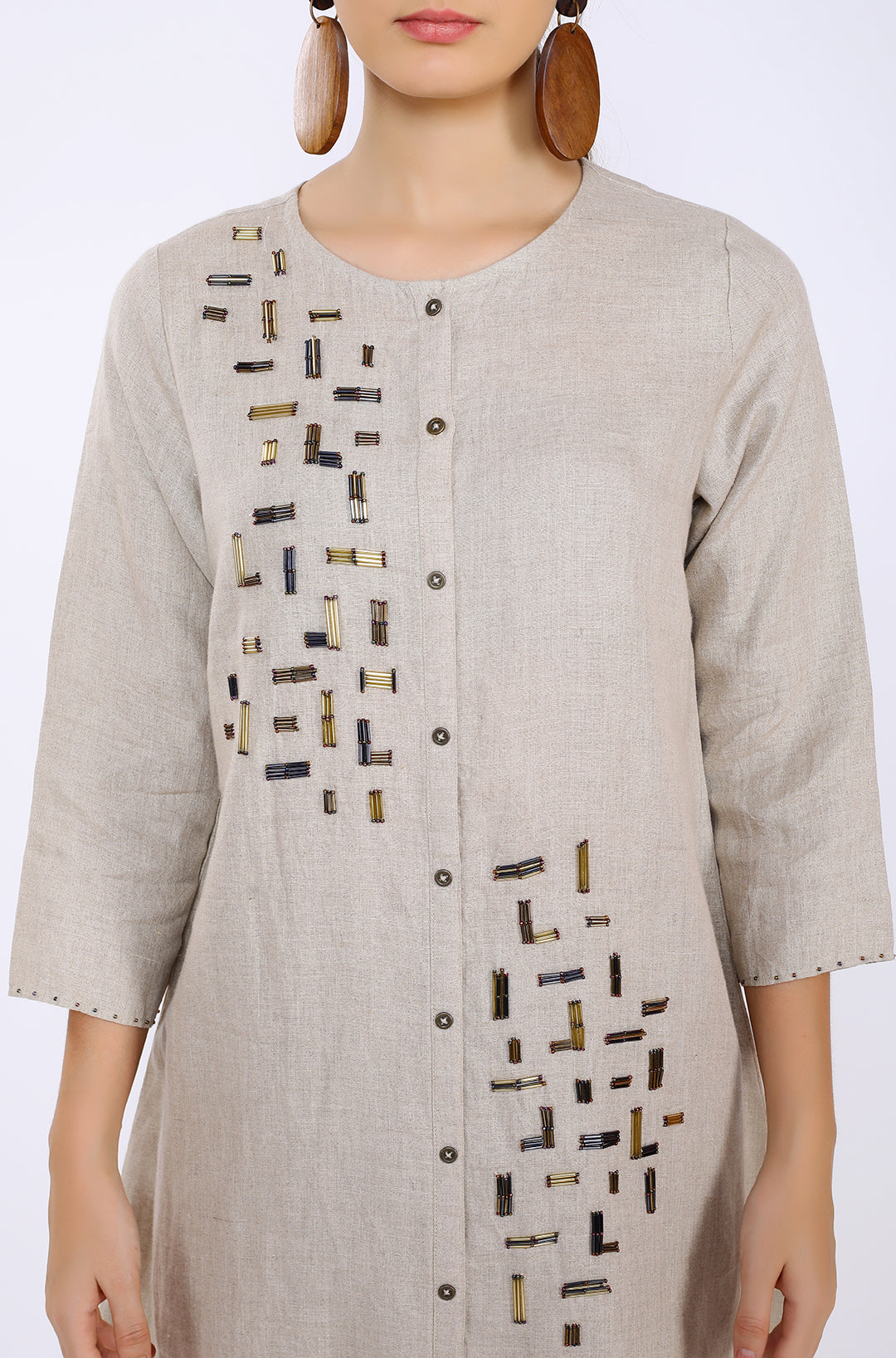 Beige Hand Embroidered Lounge Tunic- 222033