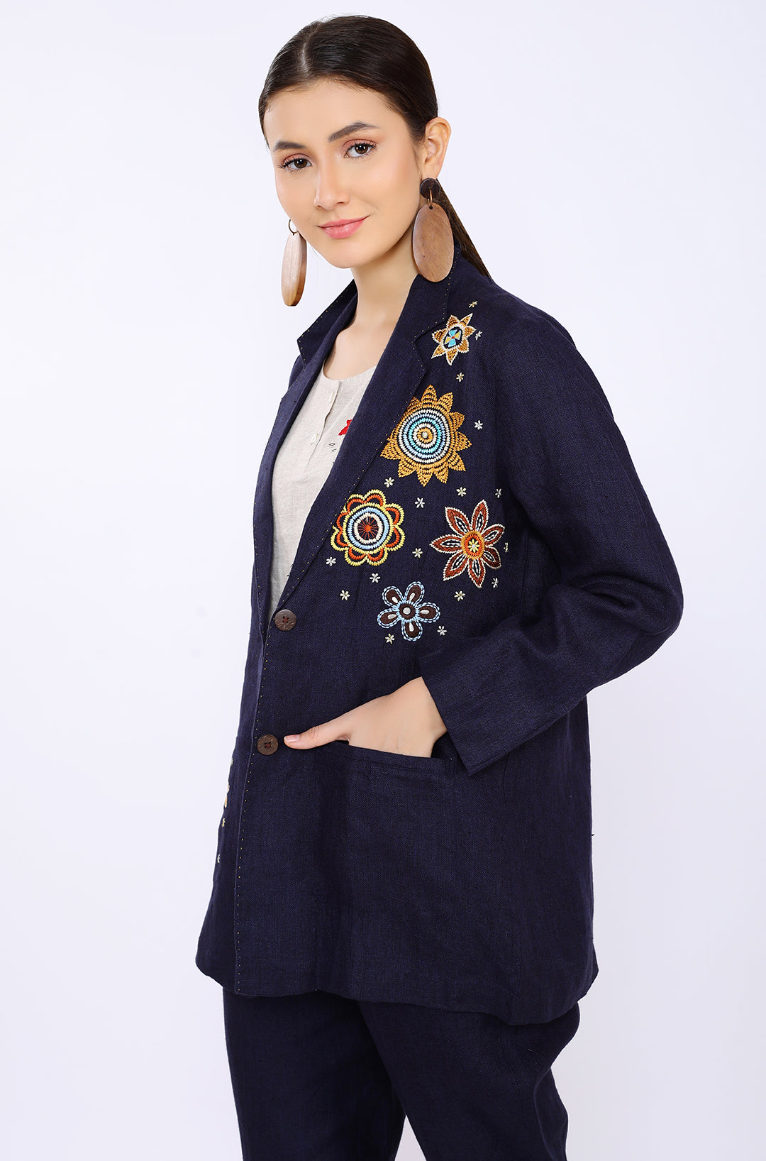 Navy Twill Embroidered Lounge Blazer