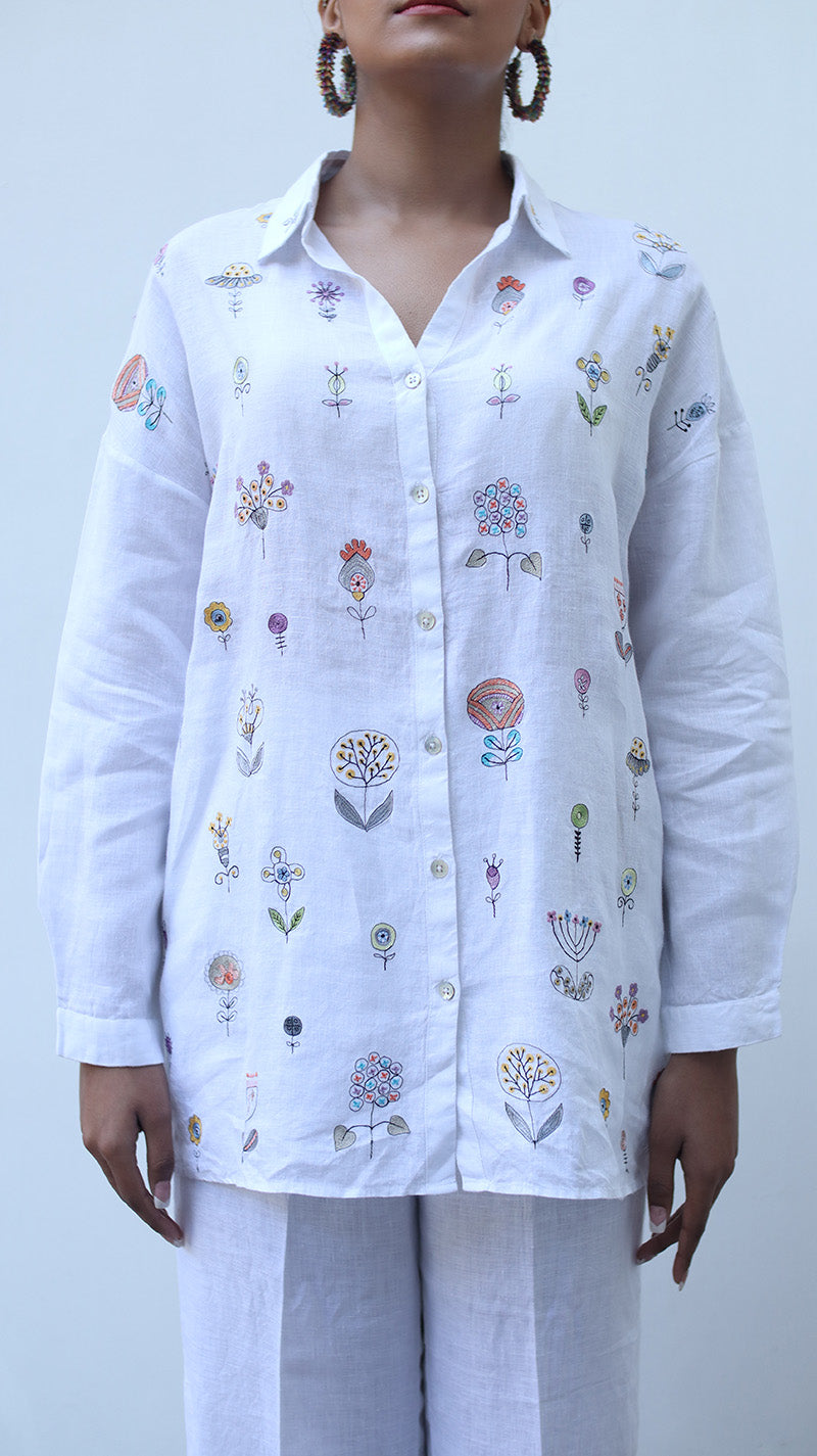 White Floral Embroidery Shirt Made In Finest Pure Linen With Soft