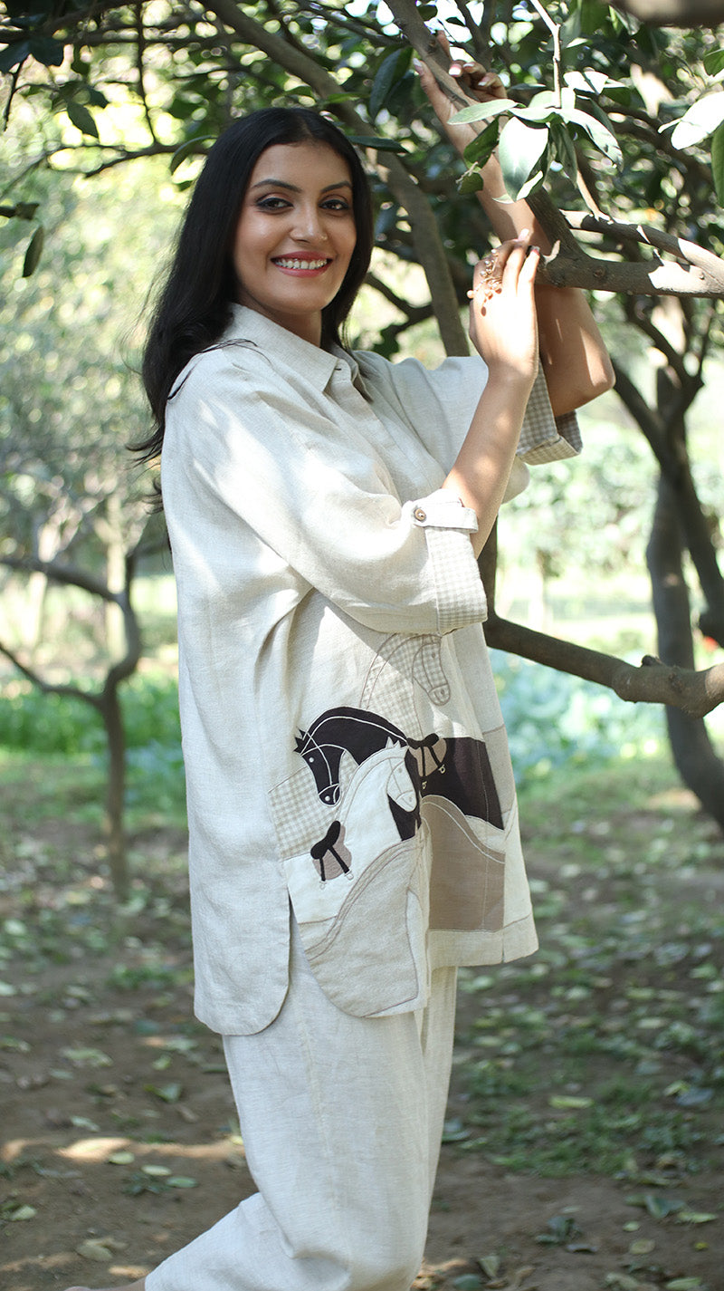 Beige Embroidered Lounge Big Shirt