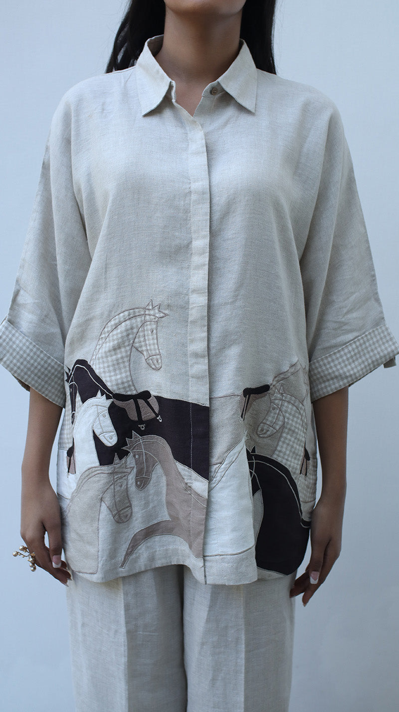 Beige Embroidered Lounge Big Shirt