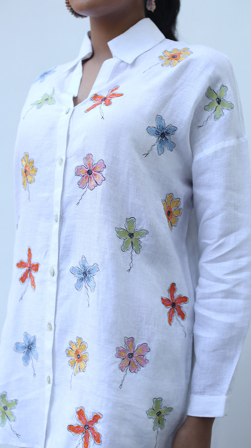 White Floral Embroidery Shirt Made In Finest Pure Linen With