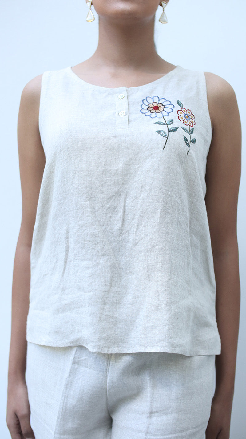 Beige Embroidered Lounge Top