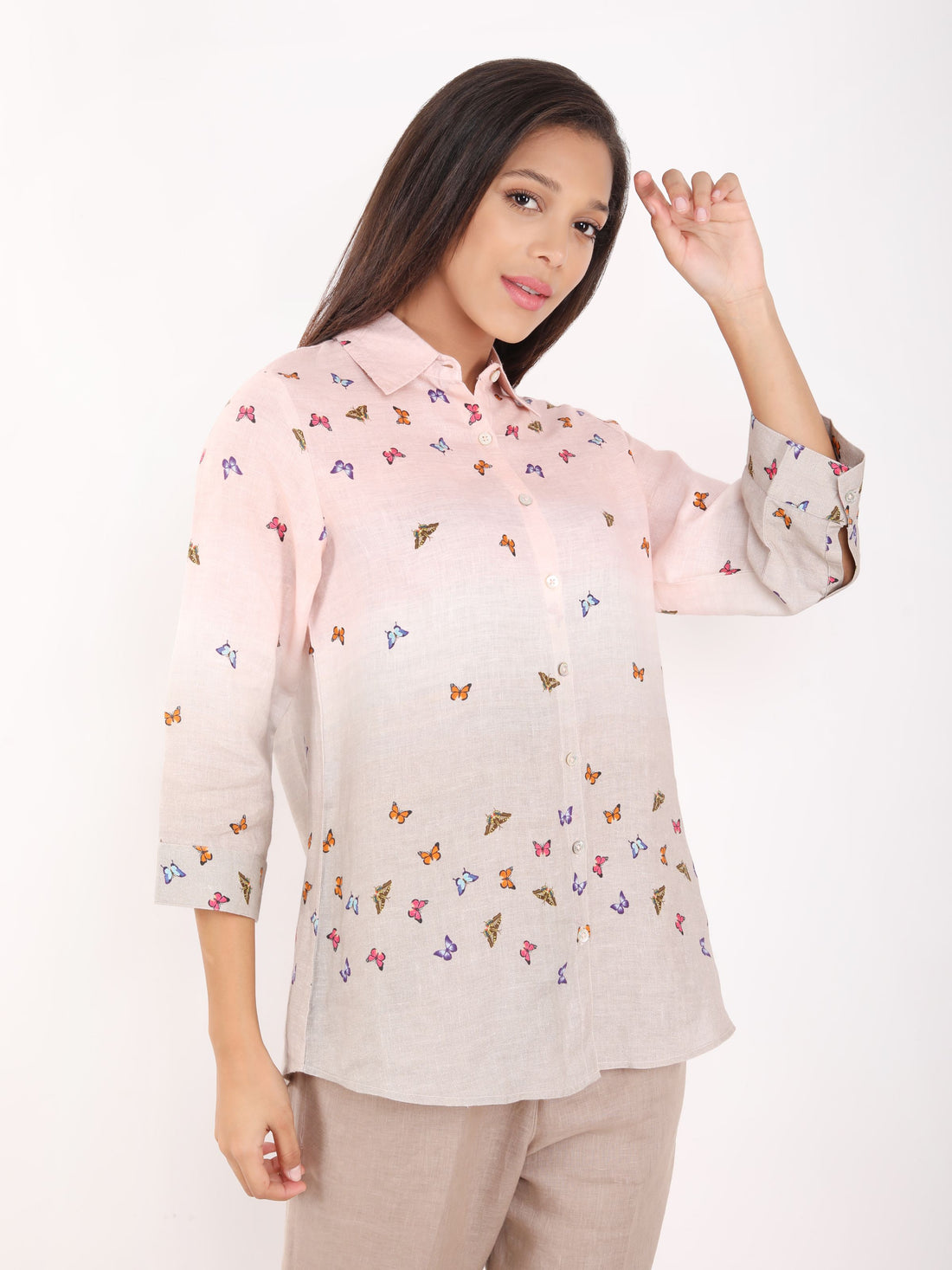 Khakhi Butterfly Embroidered Shirt