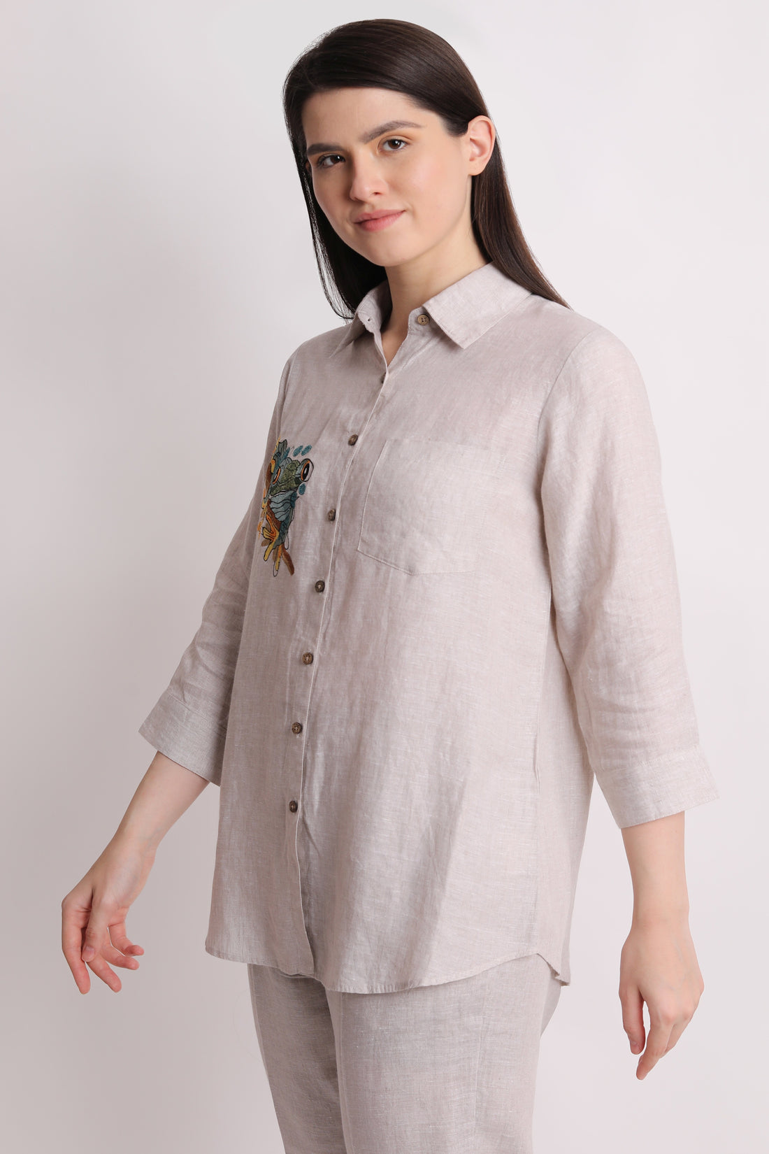 Beige Frog Embroidery Shirt