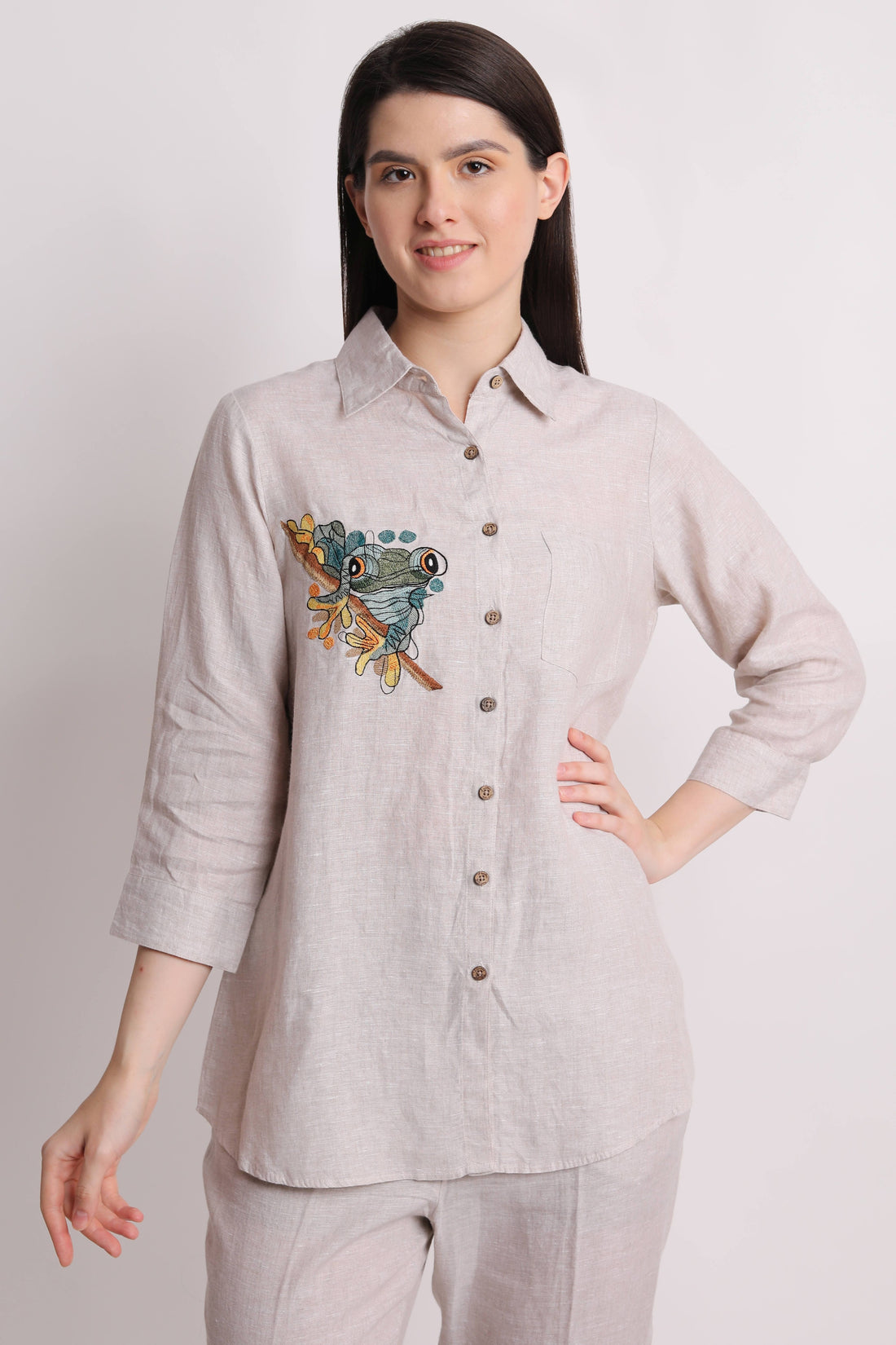 Beige Frog Embroidery Shirt