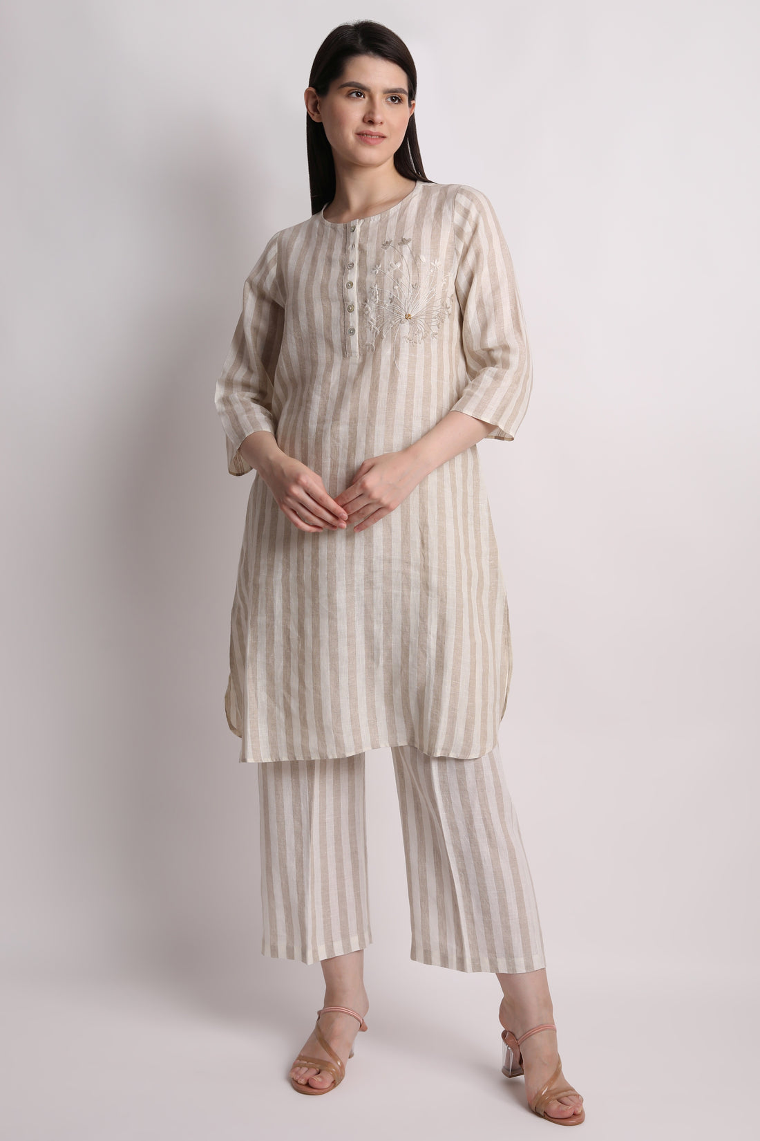 Beige Stripe Tunic With Floral Embroidery