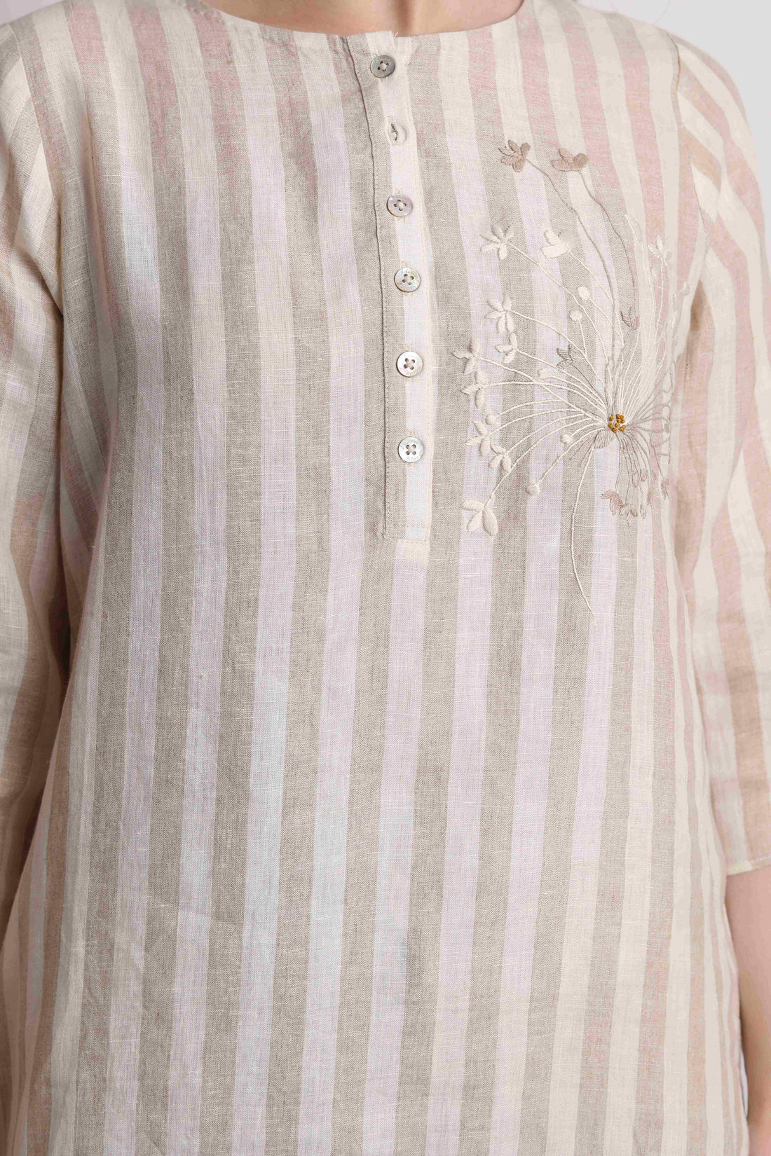 Beige Stripe Tunic With Floral Embroidery