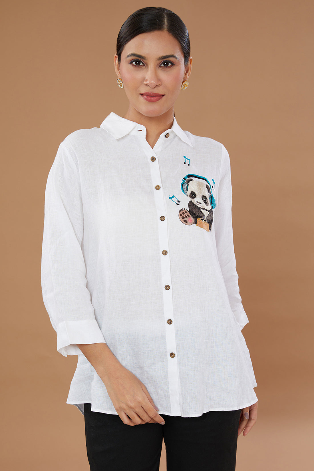 White Pure Linen Embroidered Shirt With Panda Hand Embroidery