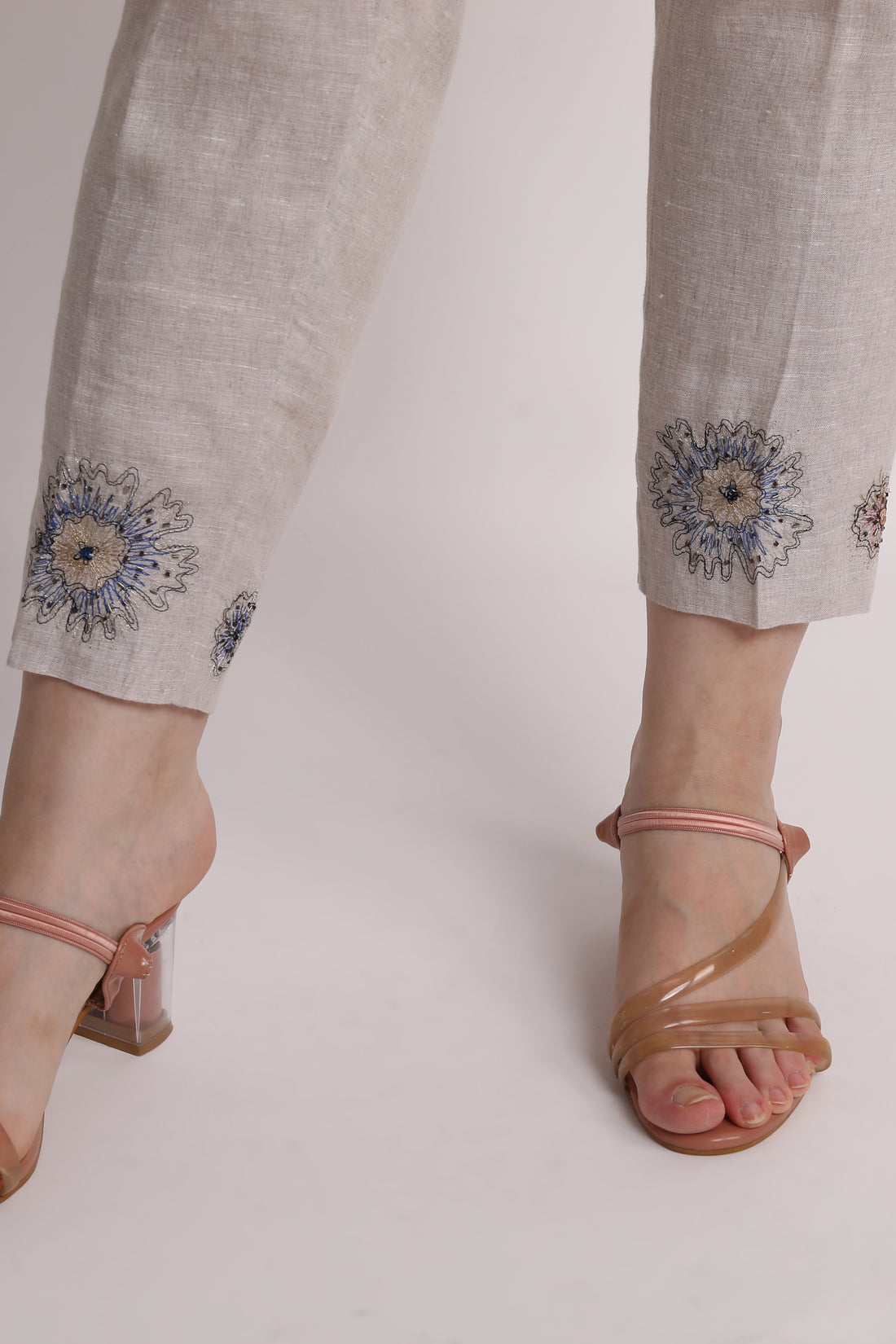 Biege Pants With Floral Zari Embroidery