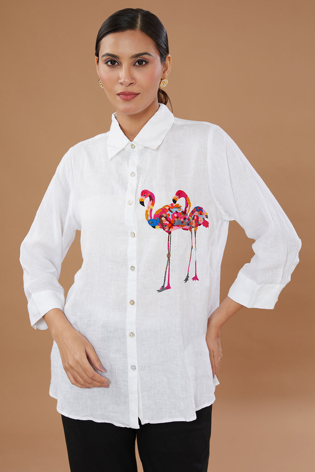 White Pure Linen Embroidered Shirt With Flamingo Hand Embroidery
