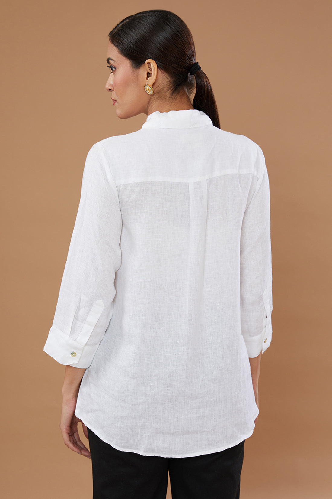 White Pure Linen Embroidered Shirt With Flamingo Hand Embroidery