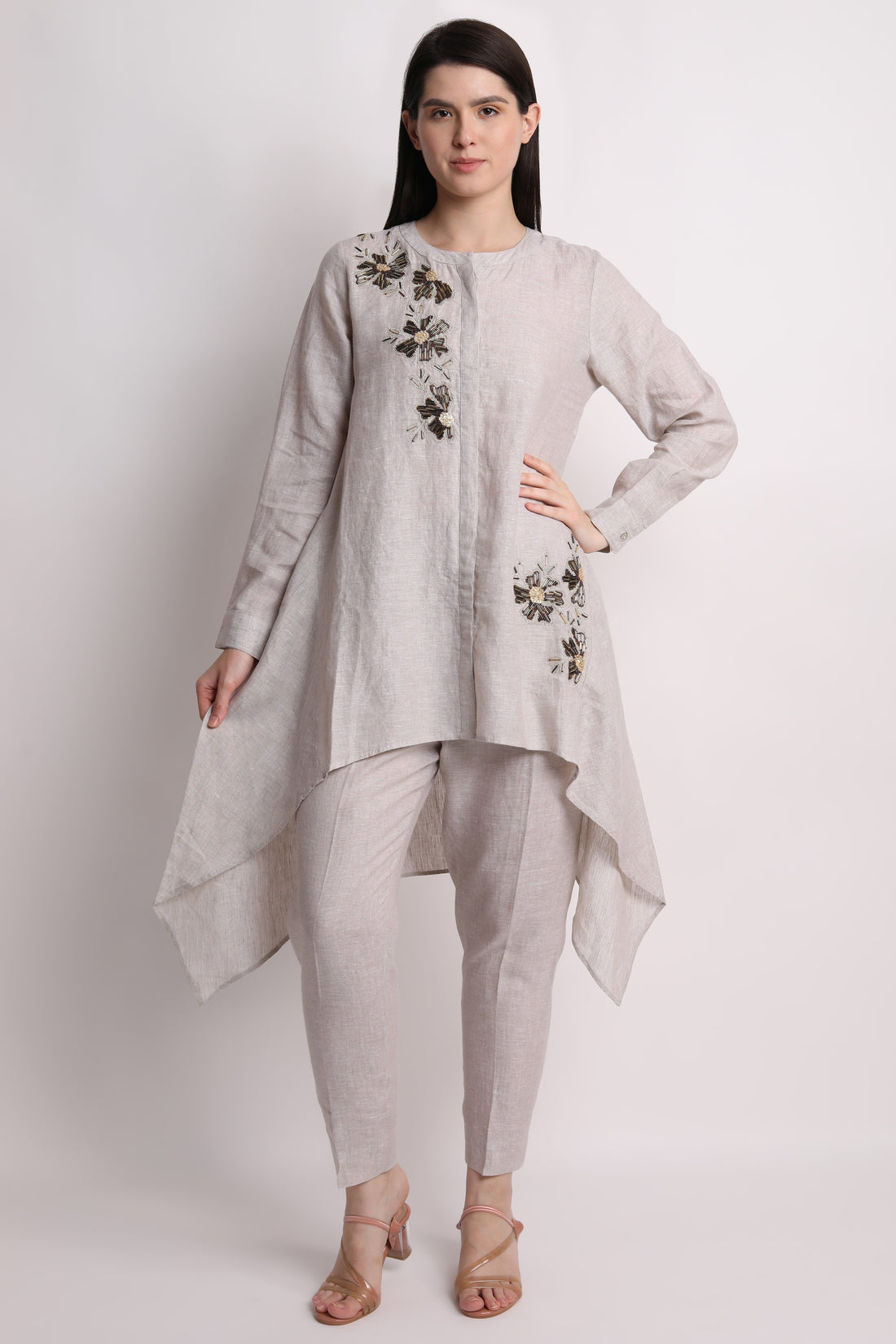 Biege Tunic With Floral Nalki Work