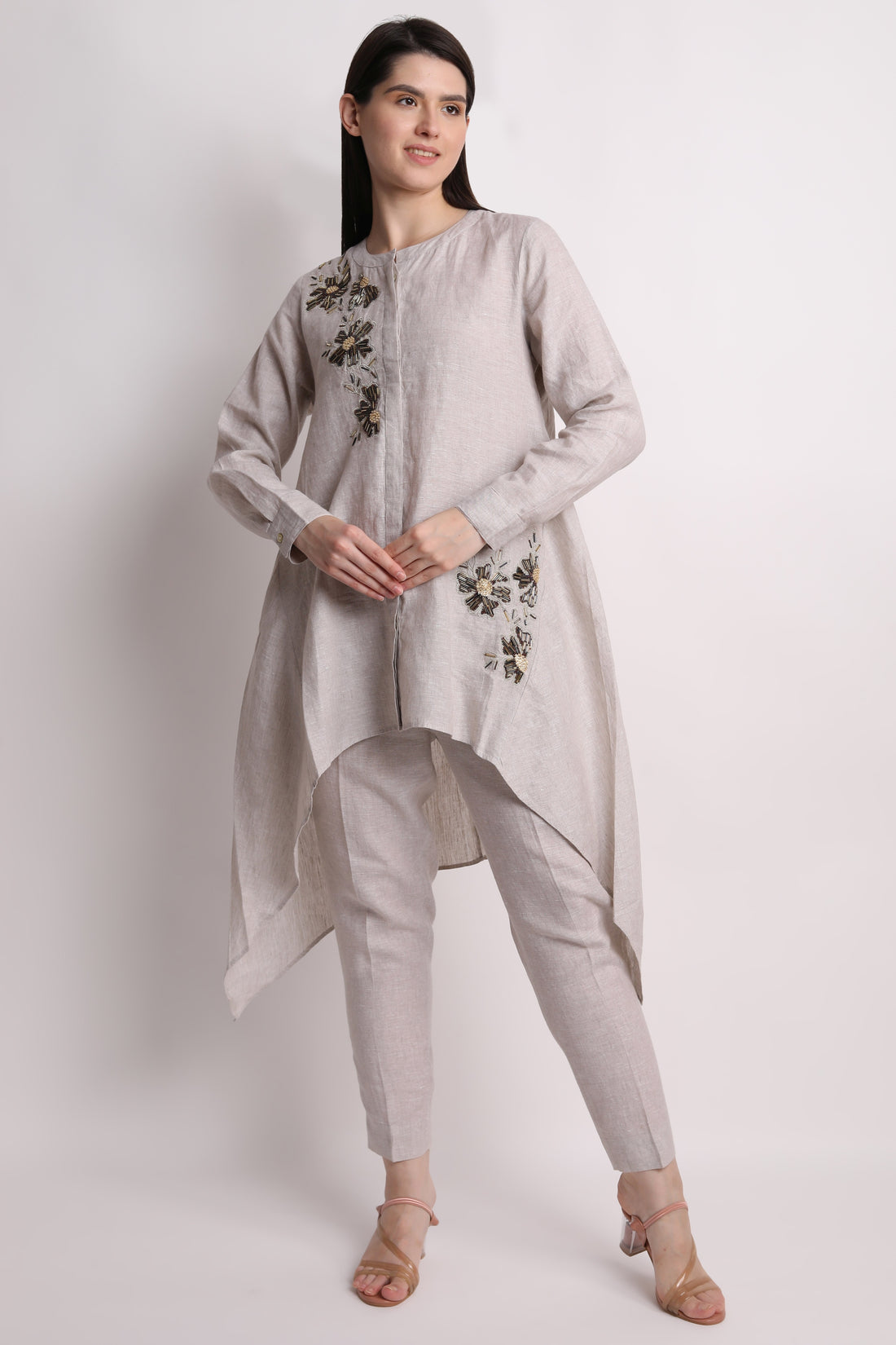 Biege Tunic With Floral Nalki Work
