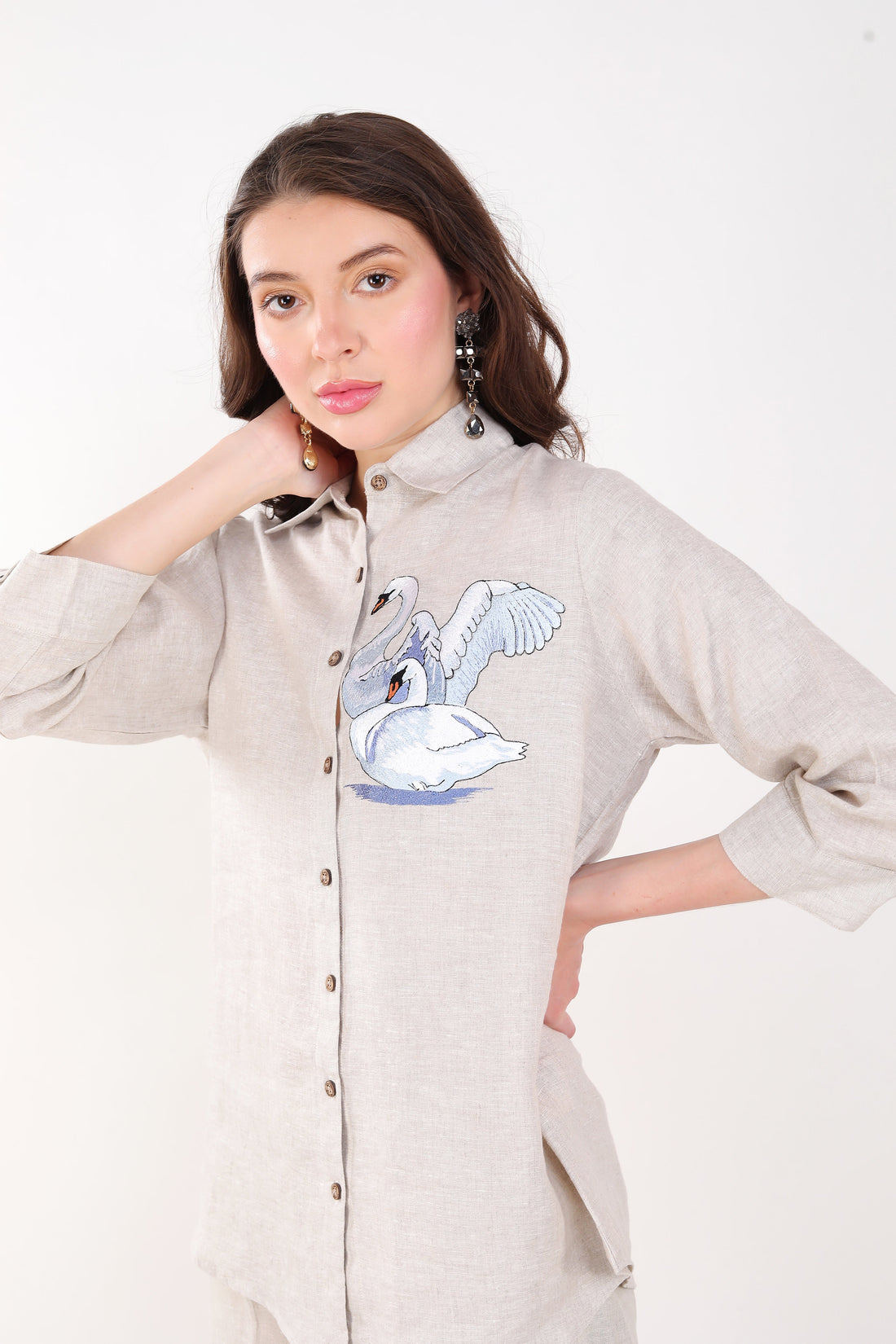 Beige Blue Swan Embroidery Shirt