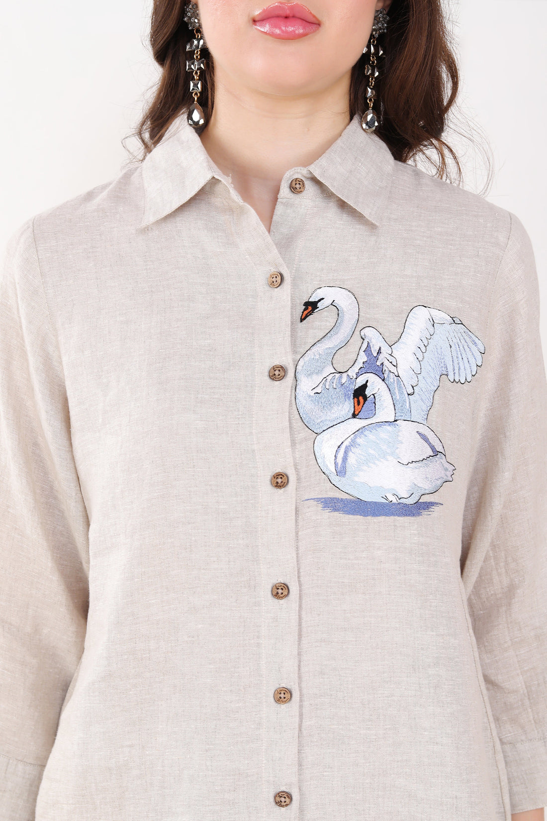 Beige Blue Swan Embroidery Shirt