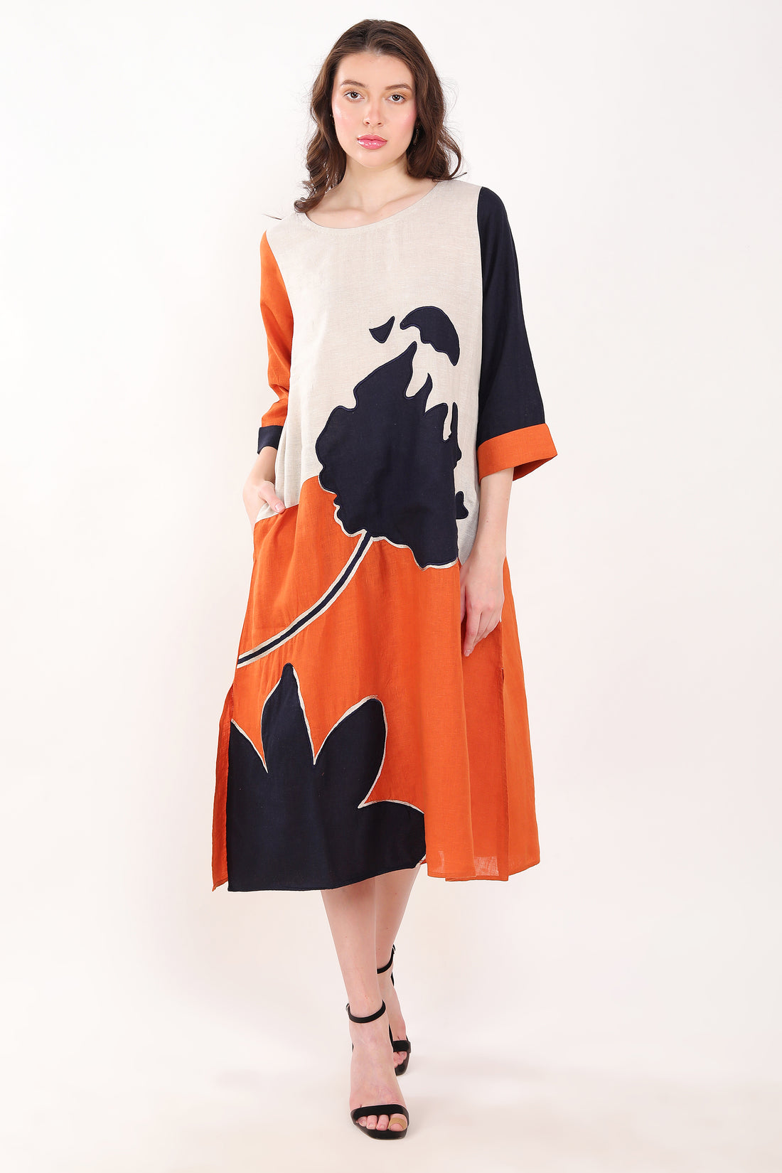 Orange and Navy Big Flower Embroidered Dress