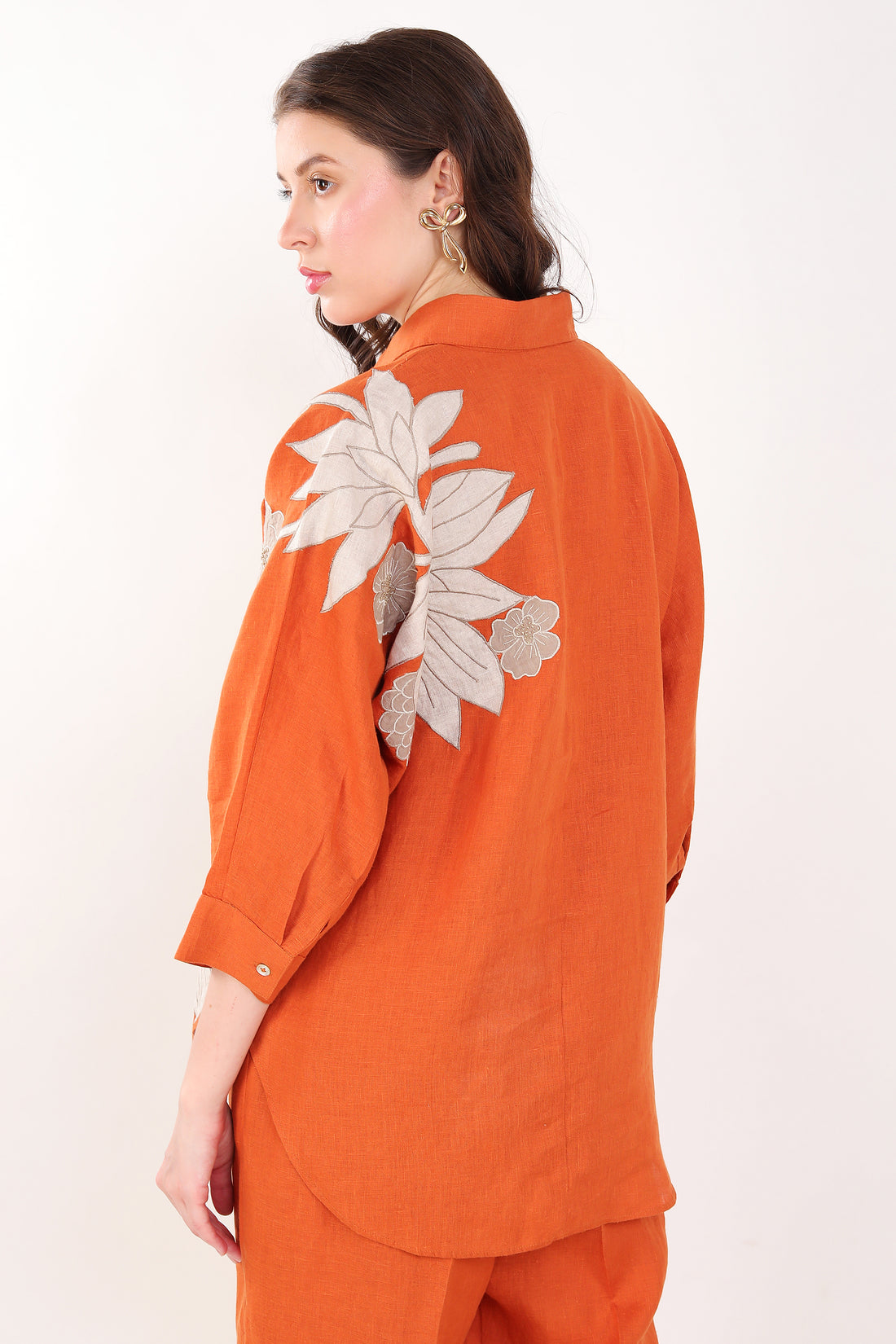 Orange Big Shirt with Floral Embroidery