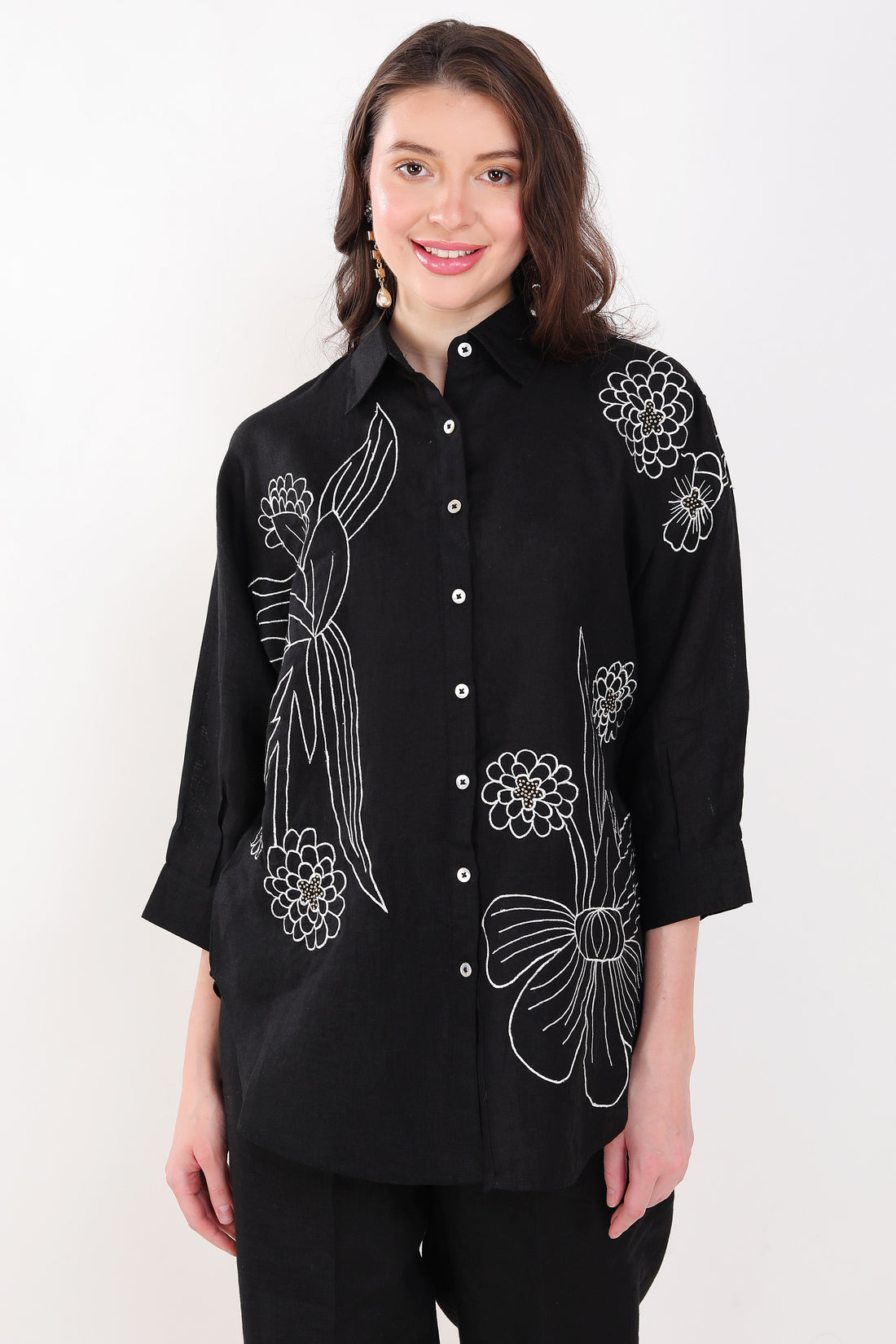 Black Flower Embroidered Big Shirt