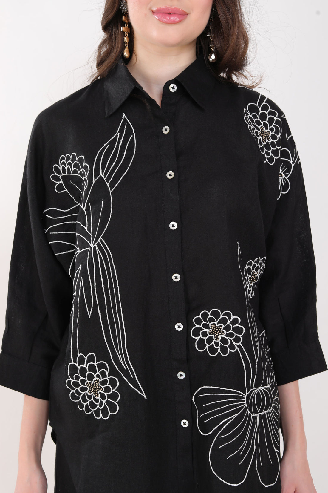 Black Flower Embroidered Big Shirt