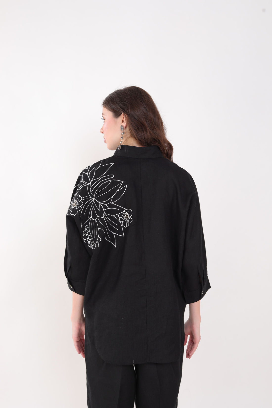 Black Flower Embroidered Big Shirt