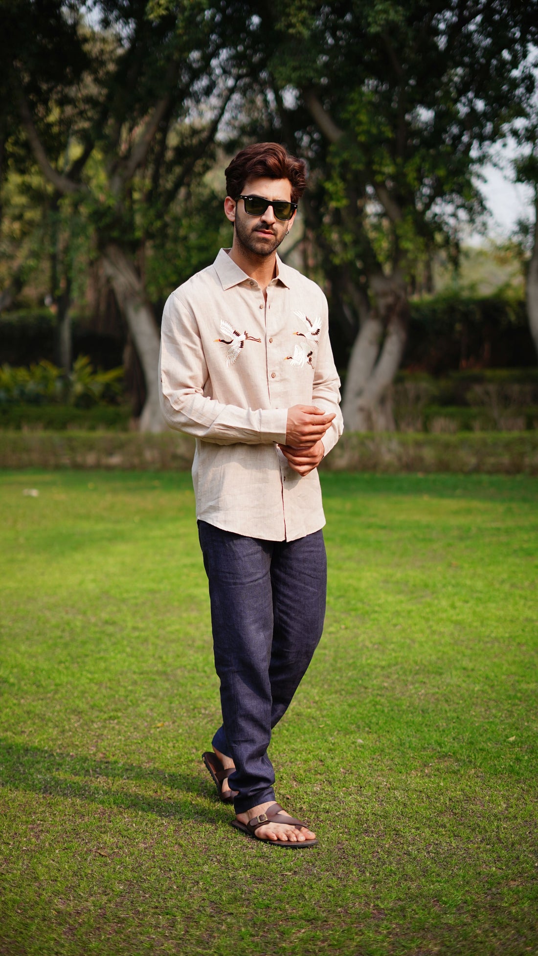 BEIGE CRANES EMB SHIRT