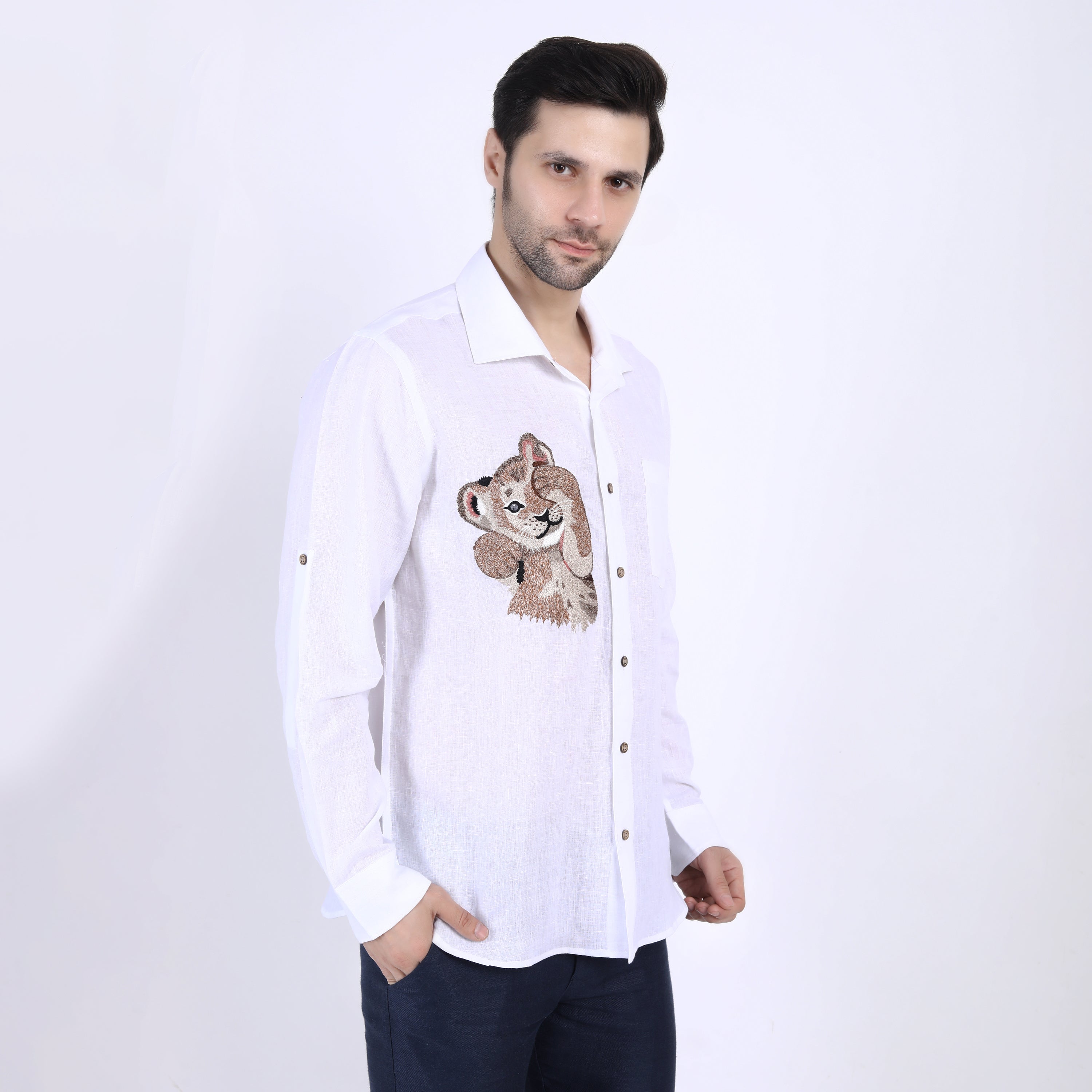 White Simba Embroidered Linen Shirt – Linen Bloom store