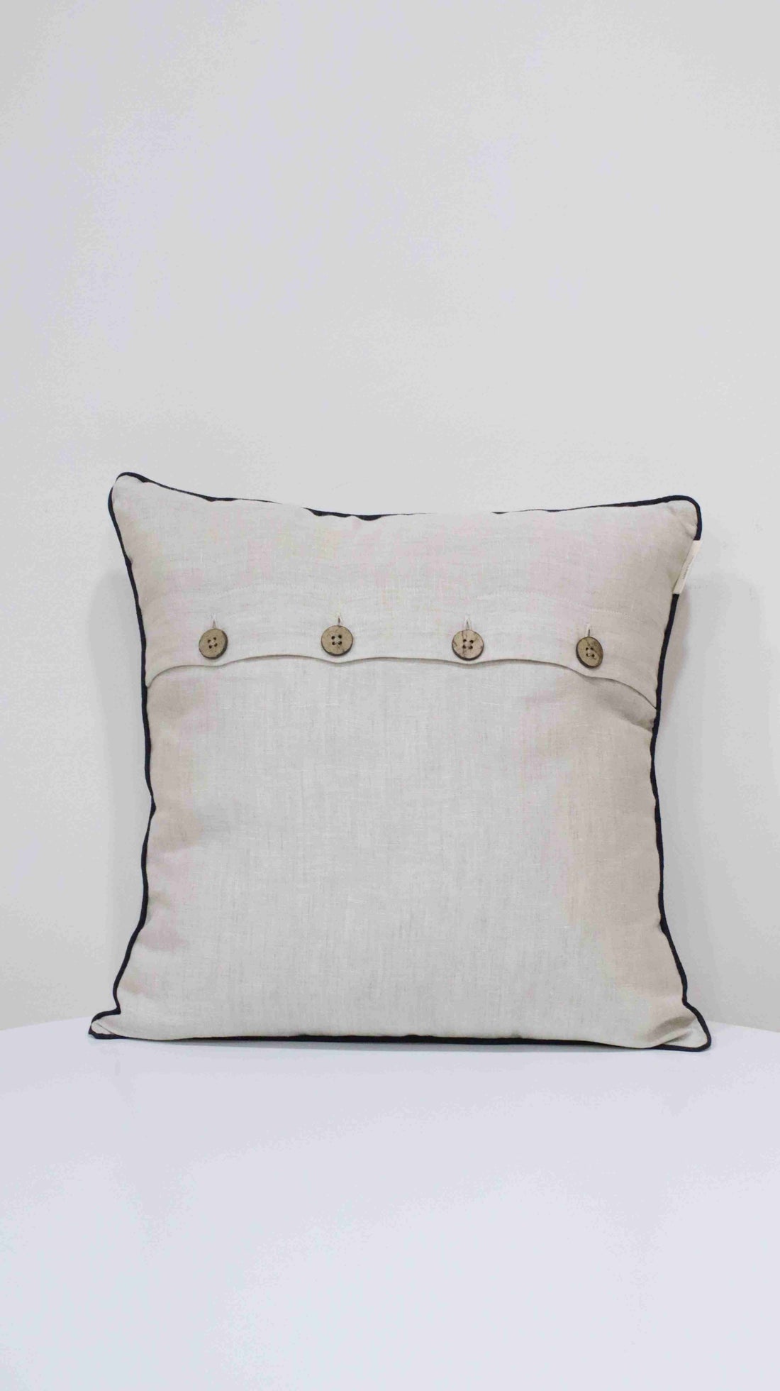 Beige Blue Flowers Embroidered Cushion In 100% Pure Linen (Incl. Filler)