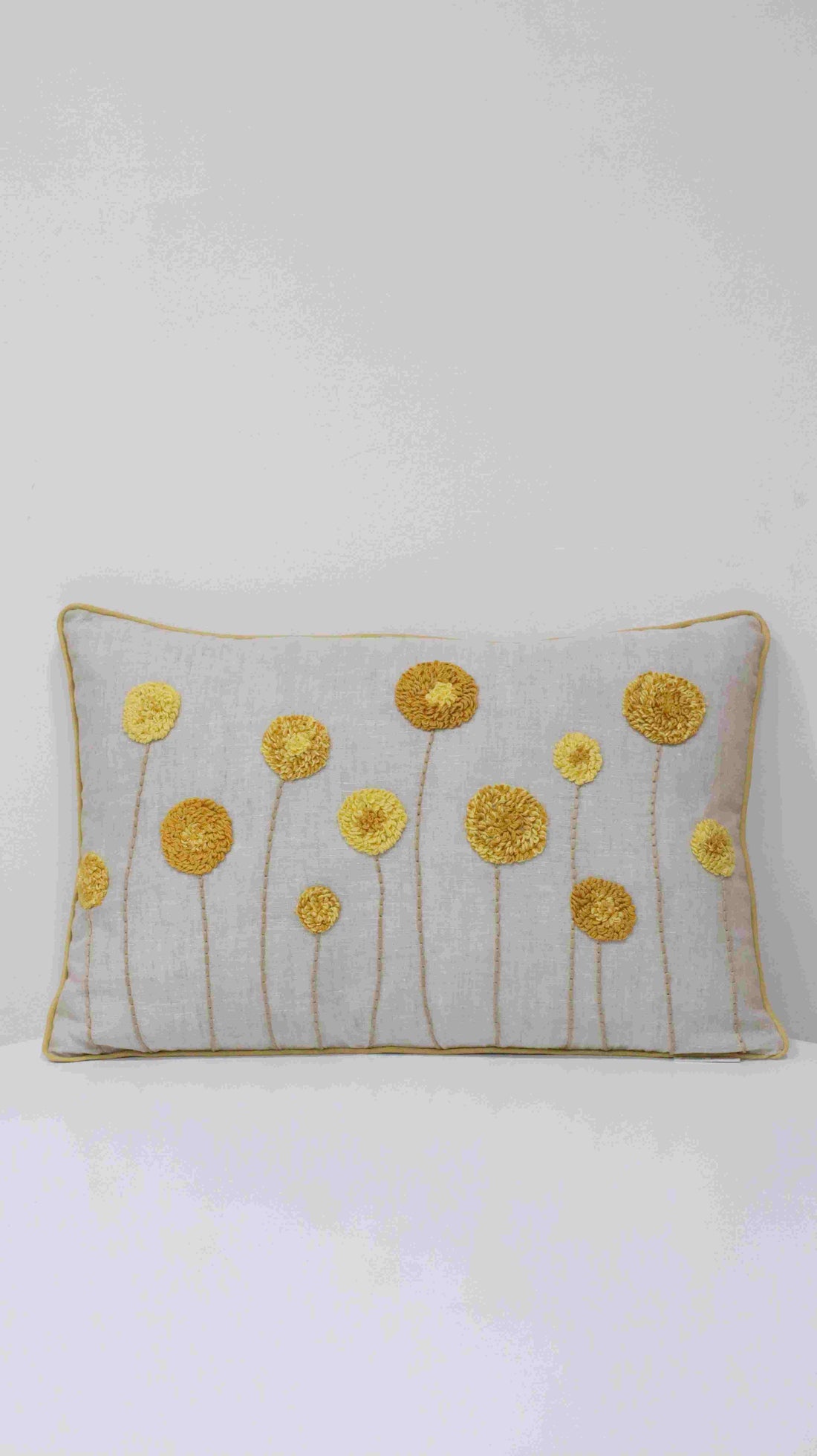 Beige Marigold Embroidery Cushion In 100% Pure Linen (Incl. Filler)