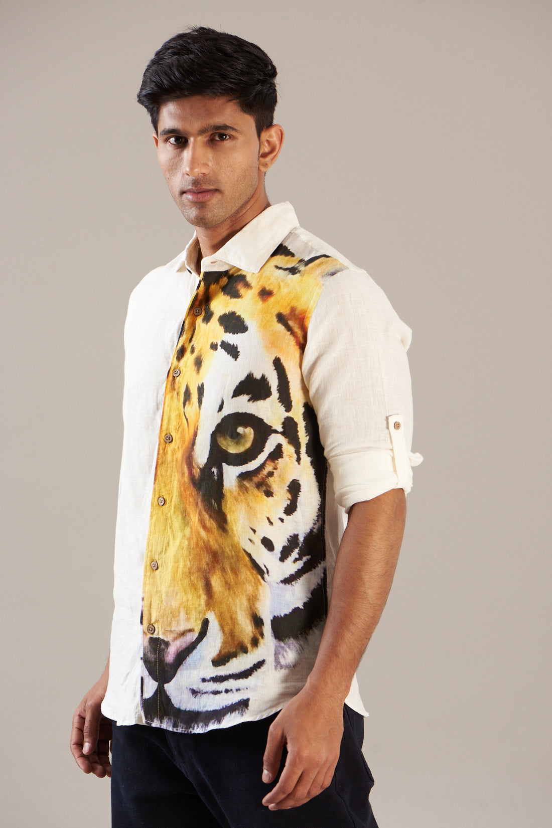 Ivory Tiger Print Shirt In Pure Linen With Soft Hand Feel – Linen Bloom ...