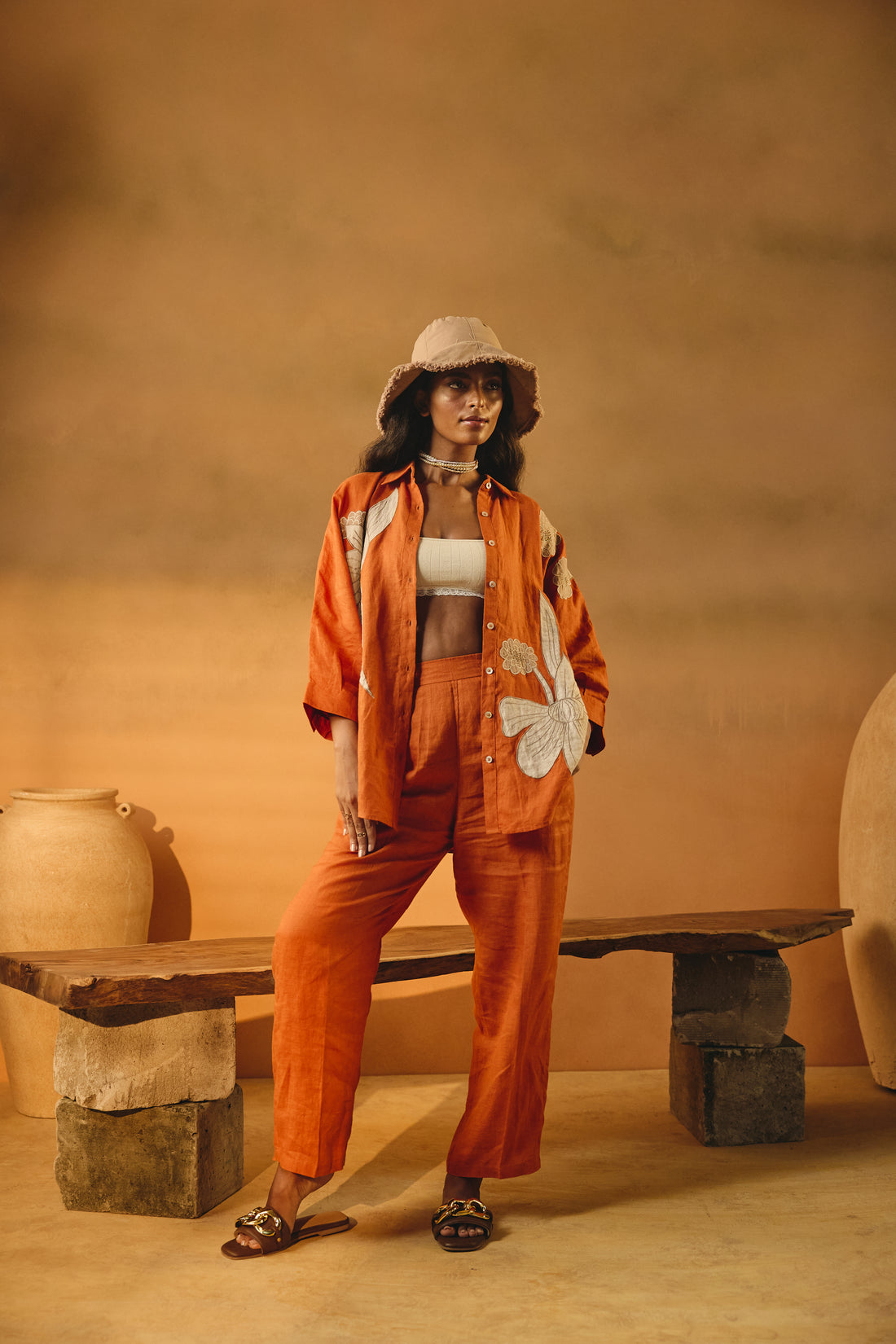 Orange Big Shirt with Floral Embroidery