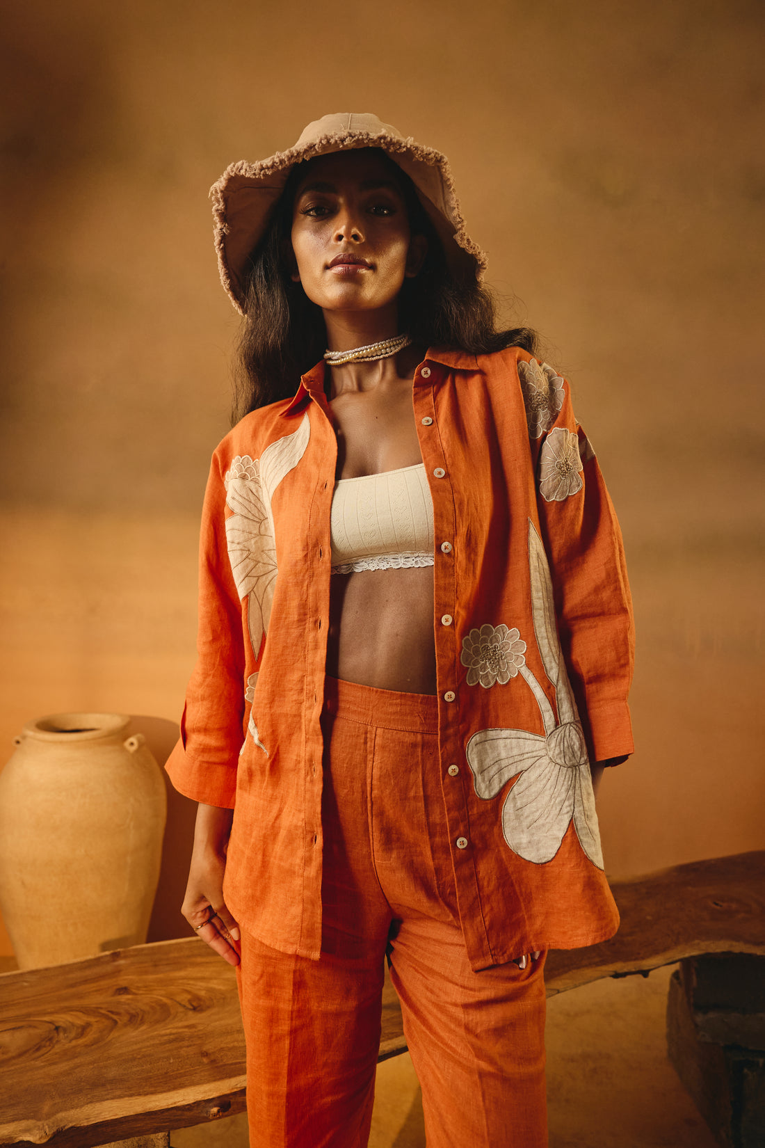 Orange Big Shirt with Floral Embroidery