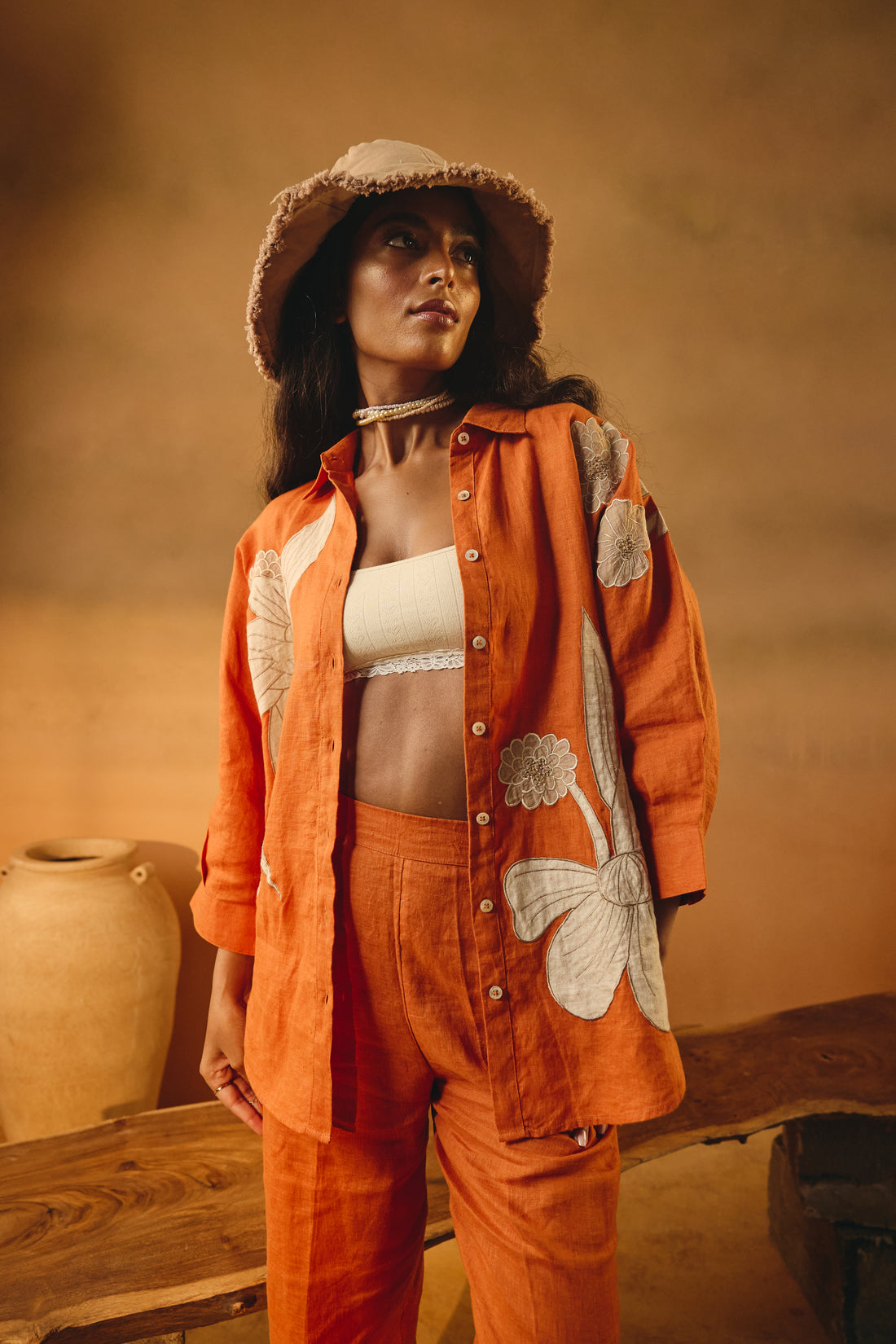 Orange Big Shirt with Floral Embroidery