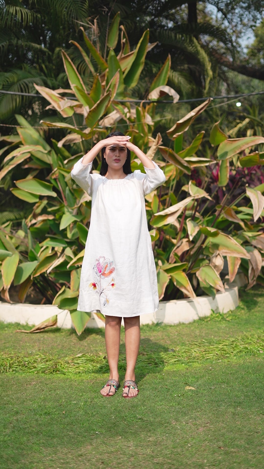 BEIGE DRESS WITH GATHERED NECK