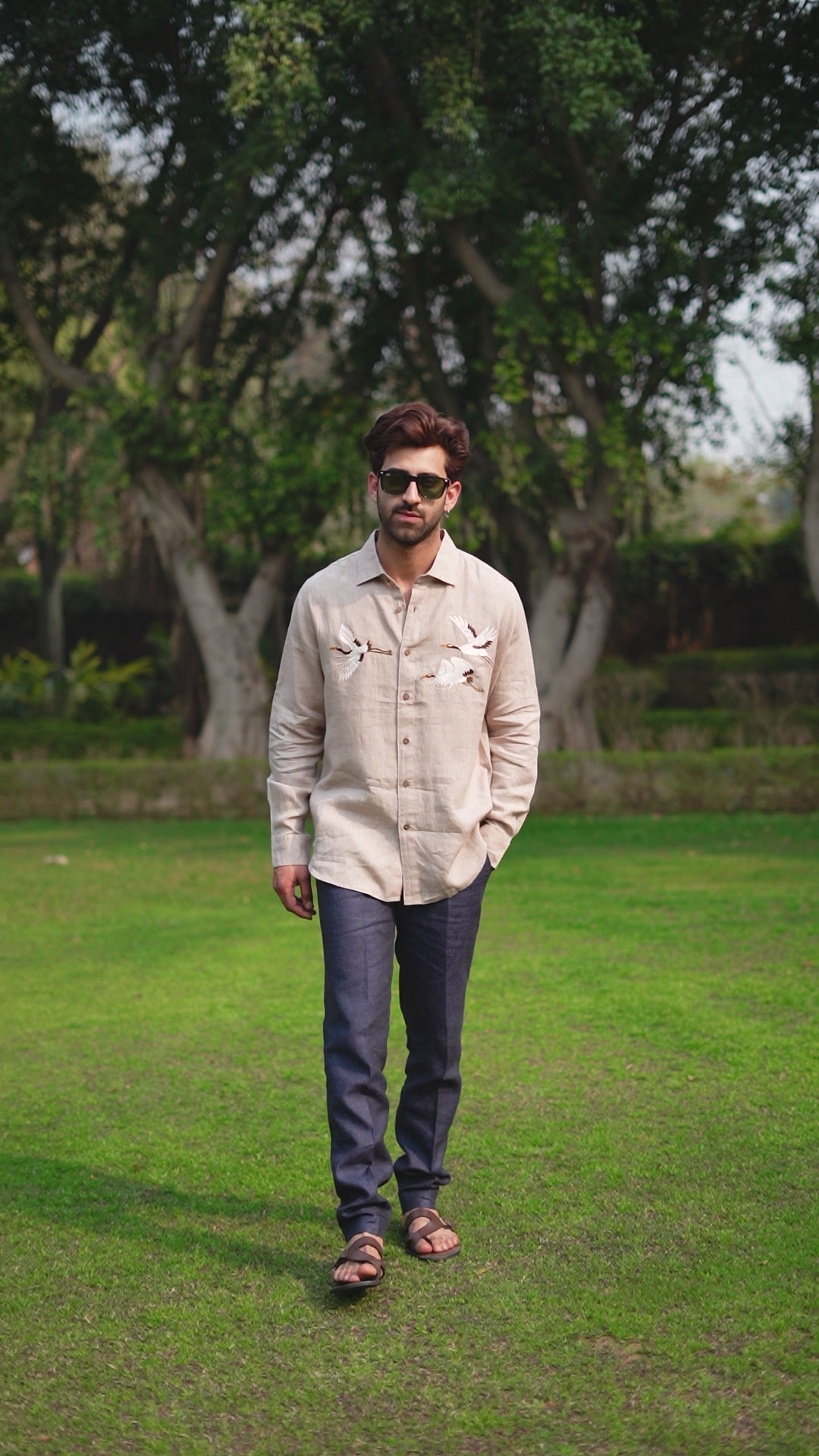 BEIGE CRANES EMB SHIRT